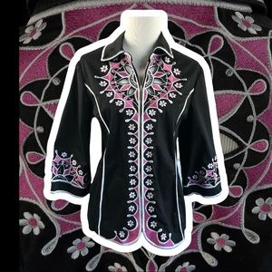 Unique Bob Mackie Wearable Art Embroidered Cut Out Zip Up Floral Shirt Jacket